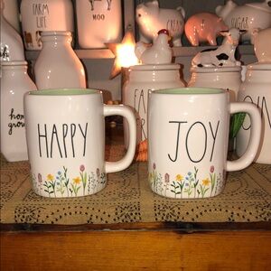 Rae Dunn HAPPY & JOY Mug Set of 2 (Colorful Flowers At Base)